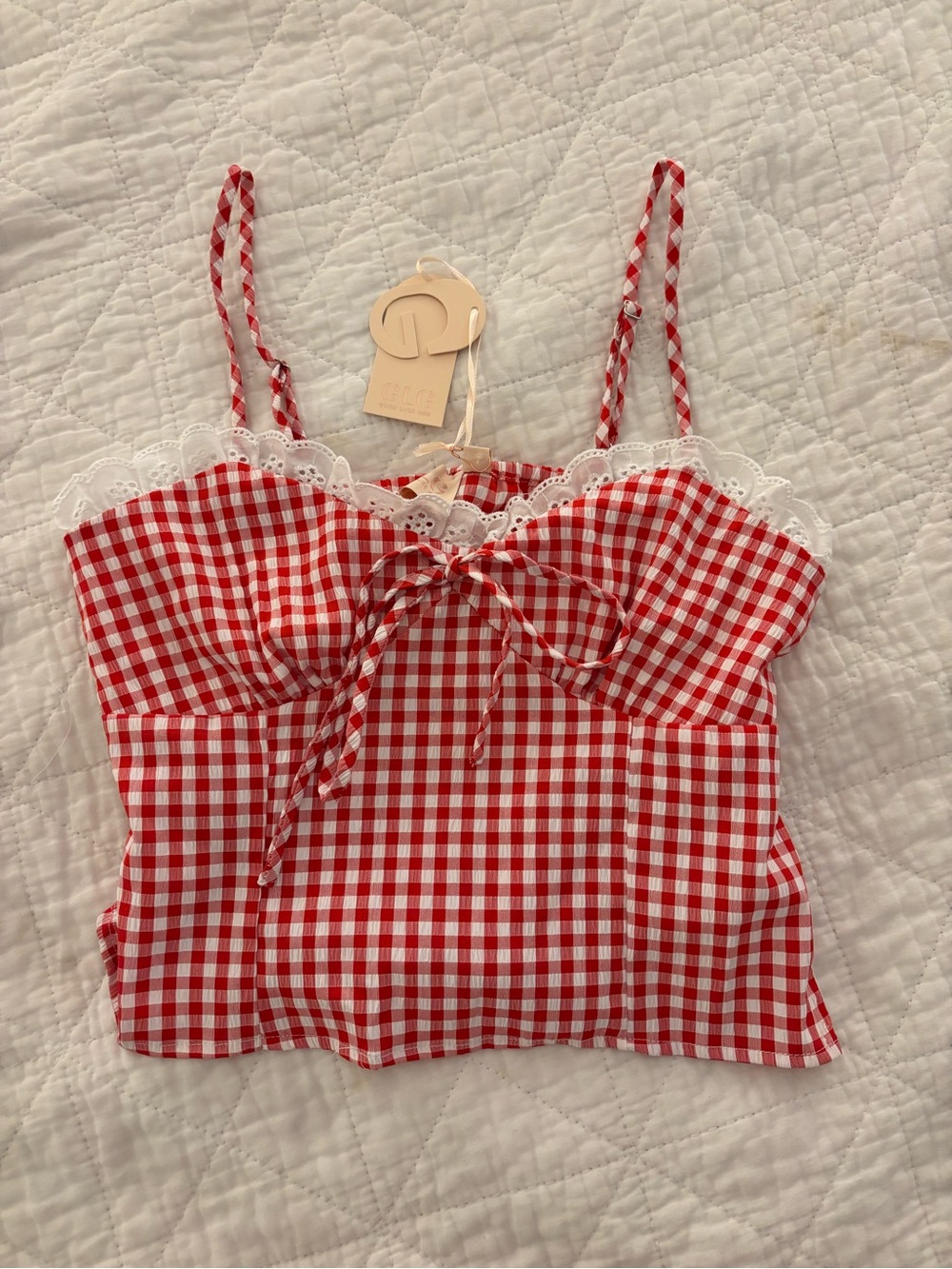 Good Luck Gem Red Gingham Lace-Trim Crop Camisole
